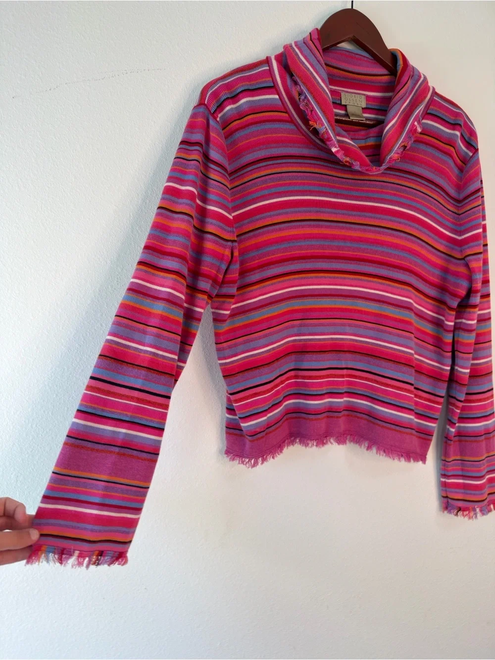 Vintage 90s Y2K Sigrid Olsen Striped‎ Sweater Kidcore Colorful Boho Fringe Trim